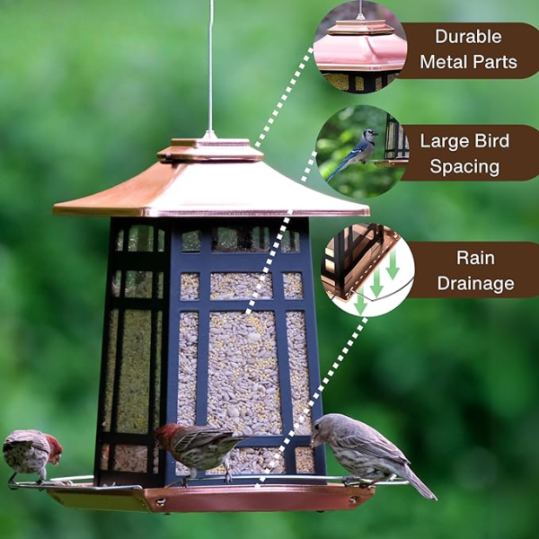 Hanging Wild Bird Seed Feeder, Metal Copper Gazebo Feeder - Image 3